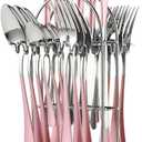FTNESGYM 24 Pieces Silverware Set, Stainless Steel Cutlery Set with Holder, Flatware Set for 6 Person Tableware Set Includes Dinner Knives Forks Spoons Teaspoons, Mirror Polished (Pink)