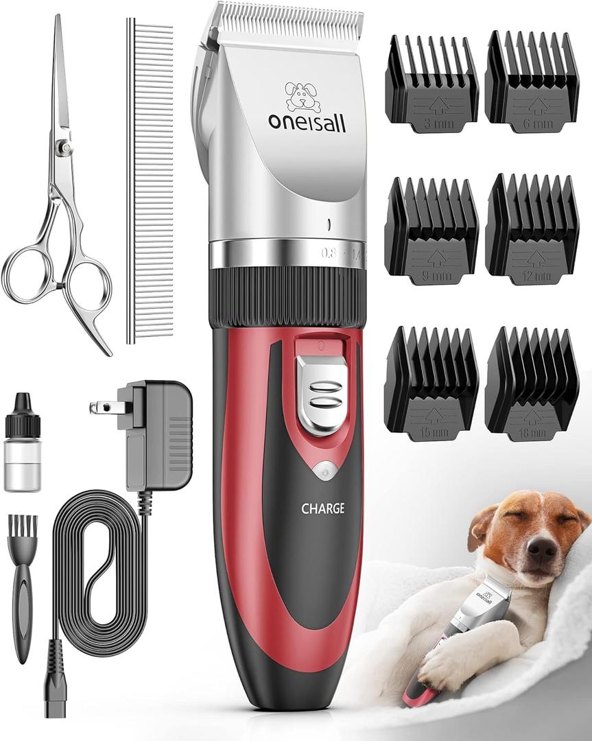 oneisall Dog Shaver Clippers Low Noise Rechargeable Cordless Electric Quiet Hair Clippers Set for Dogs Cats Pets (Red)