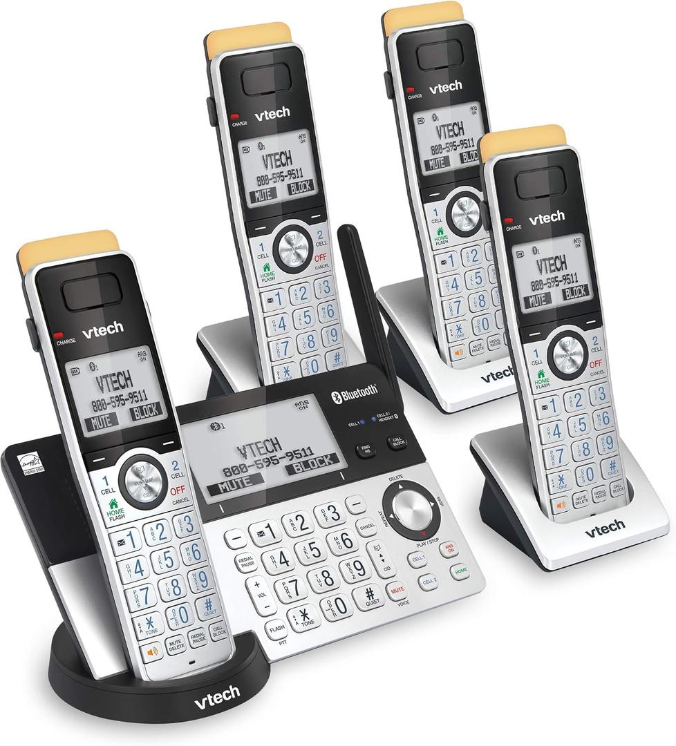 VTech IS8151-4 Super Long Range 4 Handset Cordless Phone for Home with Answering Machine, 2300 ft Range, Call Blocking, Bluetooth, Headset Jack, Power Backup, Expandable to 12 HS, Silver/Black