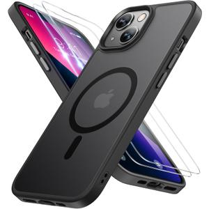Miracase Magnetic for iPhone 13 Case 6.1 inch (Compatible with MagSafe)with 2X Screen Protectors Military-Grade Protection, Anti-Fingerprint Translucent Matte Phone Case Cover, Black