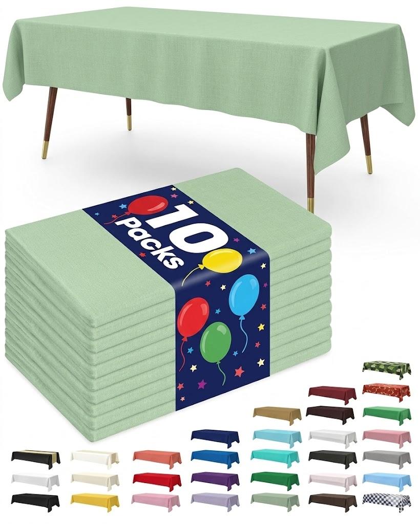 Pureegg Plastic Table Cloth Disposable 10 Pack, 52 x 70 Inch Table Cloths, Easter Party, Decorative Tablecloths, Rectangle, Light, Pastel Plastic Cover, Waterproof & Sturdy, Sage Green