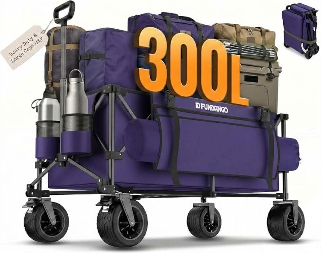 FUNDANGO Collapsible Wagon Carts Foldable Wagons, 180L Large Capacity Beach Wagon with Big Wheels for Sand, 330lbs Heavy Duty Beach Cart with All-Terrain for Outdoor Camping Shopping Garden Groceries