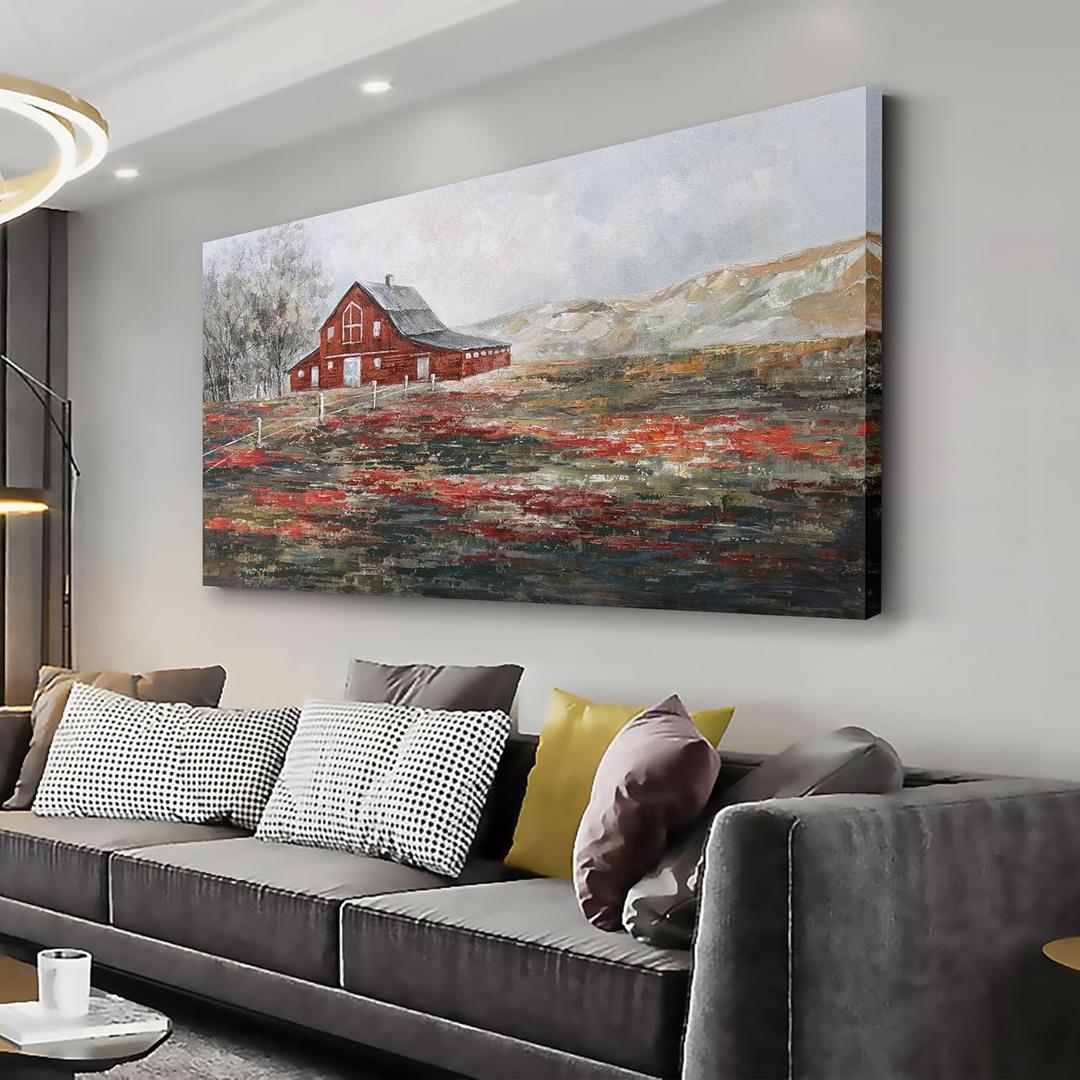 Farmhouse Wall Art Canvas Picture Red Rustic Barn Farm Artwork Decor Country Landscape Panoramic Countryside Rural Nature Scene Painting for Living Room Bedroom Office Decor Wall Decor 24"x48" (Brown)