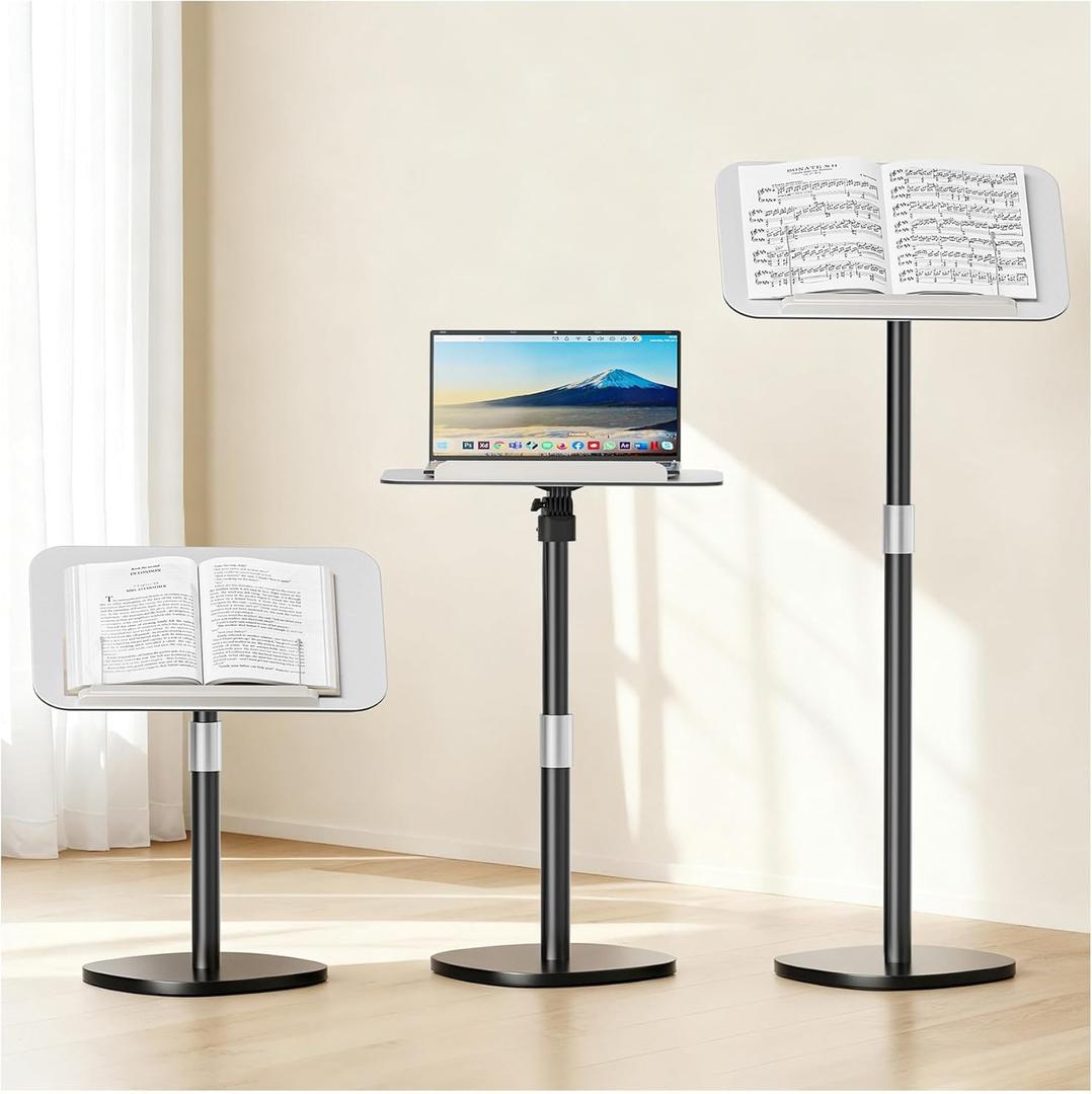 Floor Book Stand for Reading, Floor-Standing Book Holder with Page Clip, Adjustable Height 26.4"-56.3", Portable Podium Stand with Rotating Panel for Books Sheet Music Bible Projector