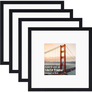 KINLINK 14x14 Picture Frame, Black Square Solid Wood Frames for Pictures 8x8 with Mat or 14x14 without Mat, Wall Display Photo Frames Black 4 Pack