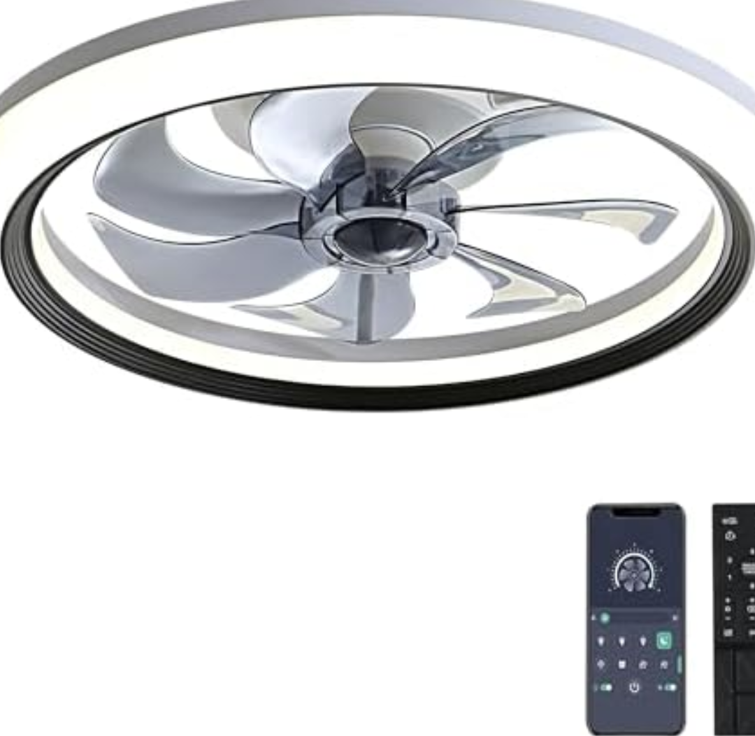 OUREDEEY 20" Ceiling Fan With Lights and Remote, Low Profile, 6 Wind Speeds, Dimmable Light, White Flush Mount, Smart Modern for Home (Black+Grey)