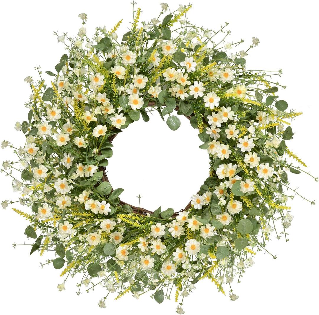 LSKYTOP 24 Inches Artificial Daisy Flower Wreath with Eucalyptus Leave Silk Flower White Berries Spring Summer Wreath for Front Door Wall Decor