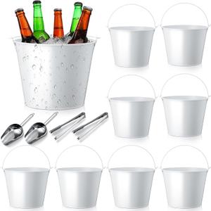 Zopeal 12 Pcs Metal Beer Buckets with Ice Shovels and Tongs Stainless Steel Ice Bucket with Handle Round Pails for Summer Pool Wedding Table Centerpiece Party Supplies(White)