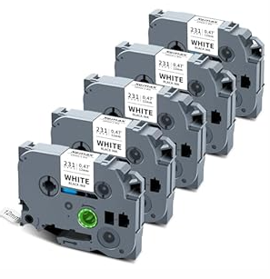 XemaX 5Pack Tze Tz Tape 12mm 0.47" Laminated White Compatible for Brother Label Maker Tape P Touch 12mm 0.47" White Tze231 Tze231 Tz 1/2" for PTD210 PTD220 PTD610BT PTD410 PTH103W PT2040 PTD400