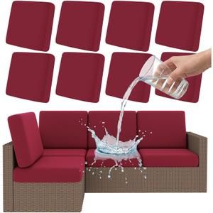 Smiry Waterproof Patio Cushion Covers, Stretch Outdoor Couch Slipcovers Replacement Washable Furniture Protector Sofa Chair Seat Cover for Dogs and Pets (8 Pcs, Wine Red)