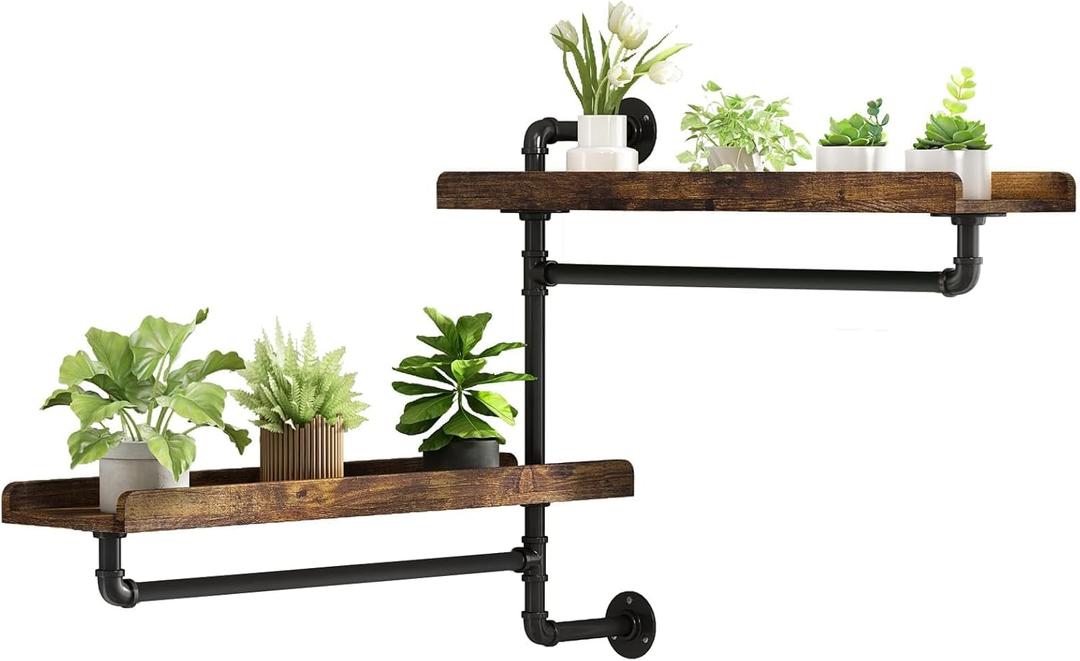 Rotating Floating Shelves for Wall w Powerful Storage,Farm-Style Window Plant Shelves w Industrial Pipe,Strong Load-Bearing,Plant Shelf Made of Waterproof Wood for Home Decor & Plant Pots, 2 Layer
