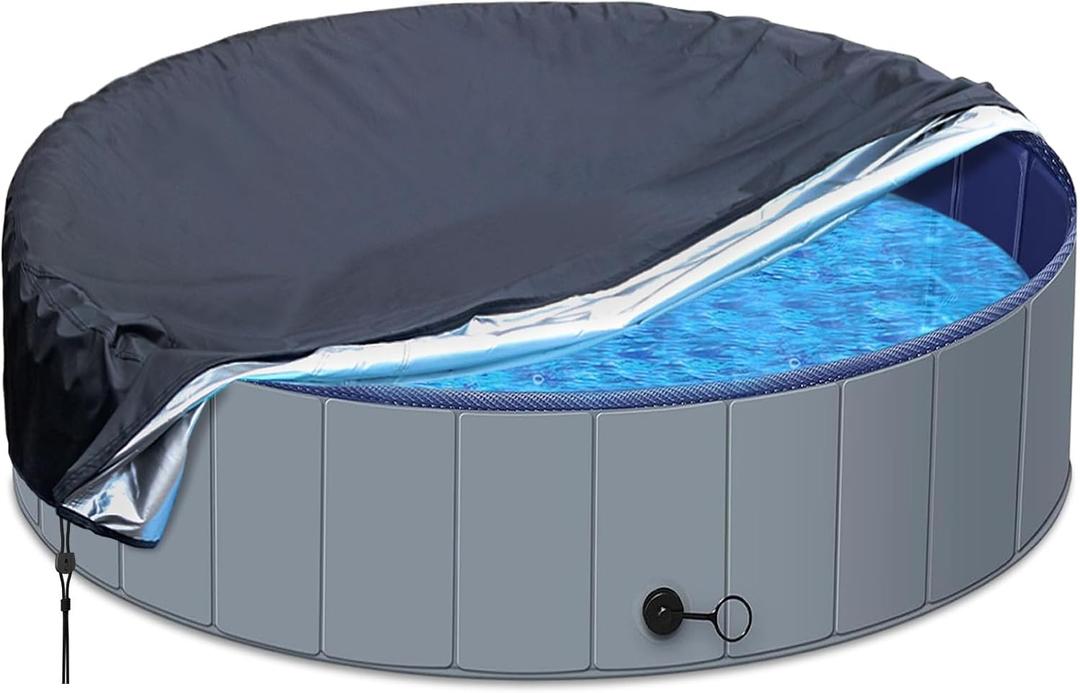 SAFANA 63/64 inch Round Dog Pool Cover [Upgrade 420D Thickened Durable] 64" Portable Dog Pet Bath Pool Cover, Foldable Round Doggy Inflatable Swimming Pool Cover, Drawstring Design Windproof Dustproof