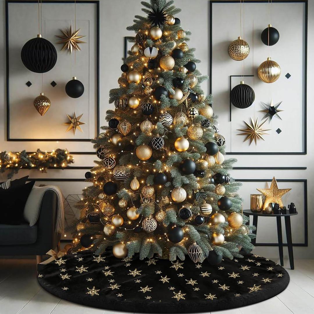 Black Gold Tree Skirt, 36 inches Spring Easter Fluffy Faux Fur with Gold Sequin Snowflakes Tree Rug, Furry Tree Mat for Holiday Decorations