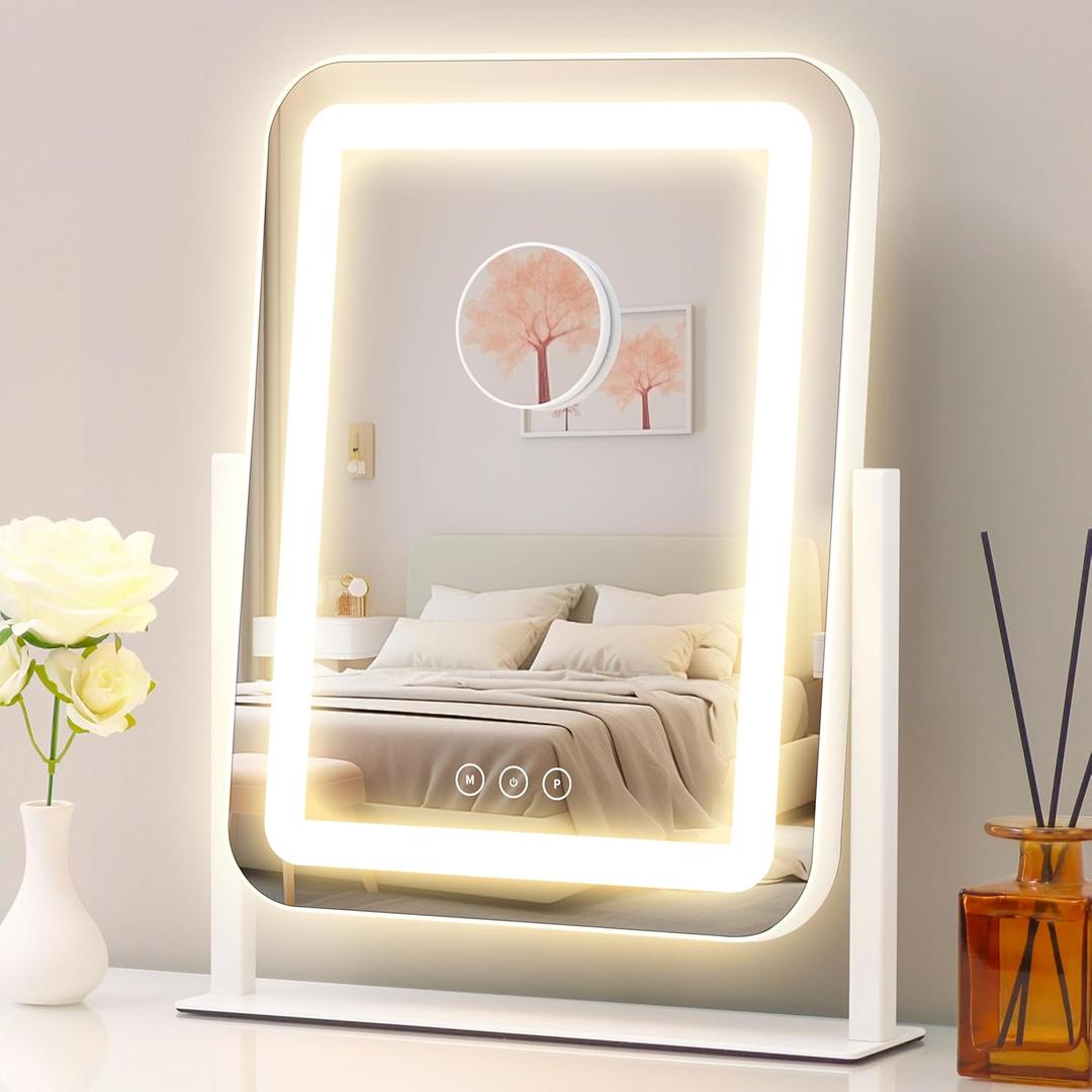 Vanity Mirror with Lights,13.1"16.7"LED Makeup Mirror,Lighted Makeup Mirror with Lights, Smart Touch Control Dimmable 3 Modes Light, Lighted Up Mirror for Makeup Desk, Bedroom, Dressing Room (White)