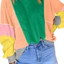 KevaMolly Womens Long Sleeve Tops Dark Green Colorblock Patchwork Exposed Stitching Oversize Top Round Neck Casual Colorblock Pullover L (L)
