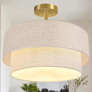 Semi Flush Mount Ceiling Light for Entryway, 16" Linen Double Drum Shade
3-Light Hallway Ceiling Mount Light Fixtures, Gold Close to Ceiling Lamp, for Bedroom Living Room Kitchen (E26 Base,No Bulb)