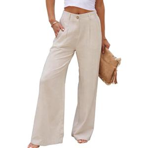 heipeiwa Women's Linen Pants Casual High Waist Wide Leg Straight Dress Cotton Linen Button Trouser Summer Clothes, Beige, Medium