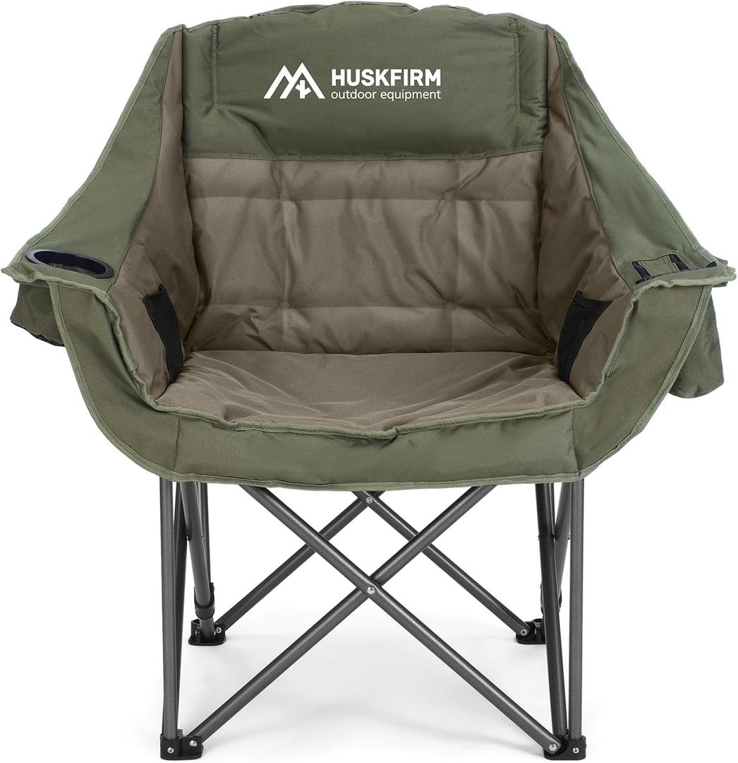 Huskfirm Oversized Camping Chair Padded Camping Chairs Heavy-Duty Foldable Camping Chairs with Cup Holder and Cooler Bag Portable Lawn Chair for Sports Outdoors-Support 450LBS, Green