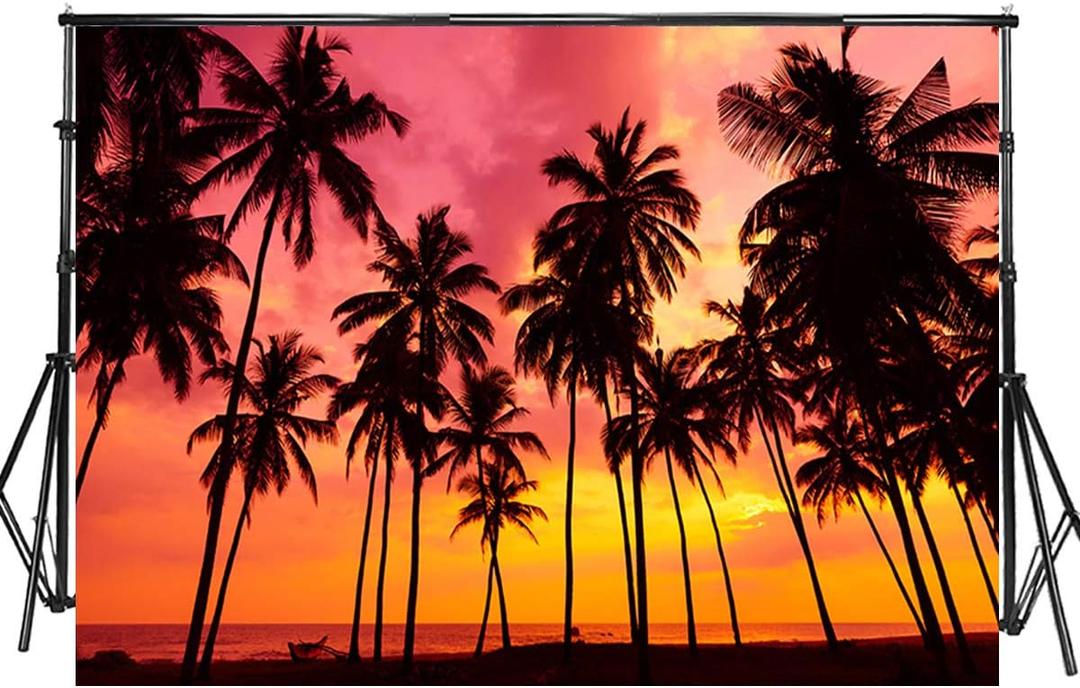 Sensfun 7x5ft Summer Seaside Sunset Photography Backdrop Vinyl Palm Trees Silhouettes on Tropical Beach Photo Background for Baby Shower Happy Birthday Party Children Photo Studio Props(WP125)