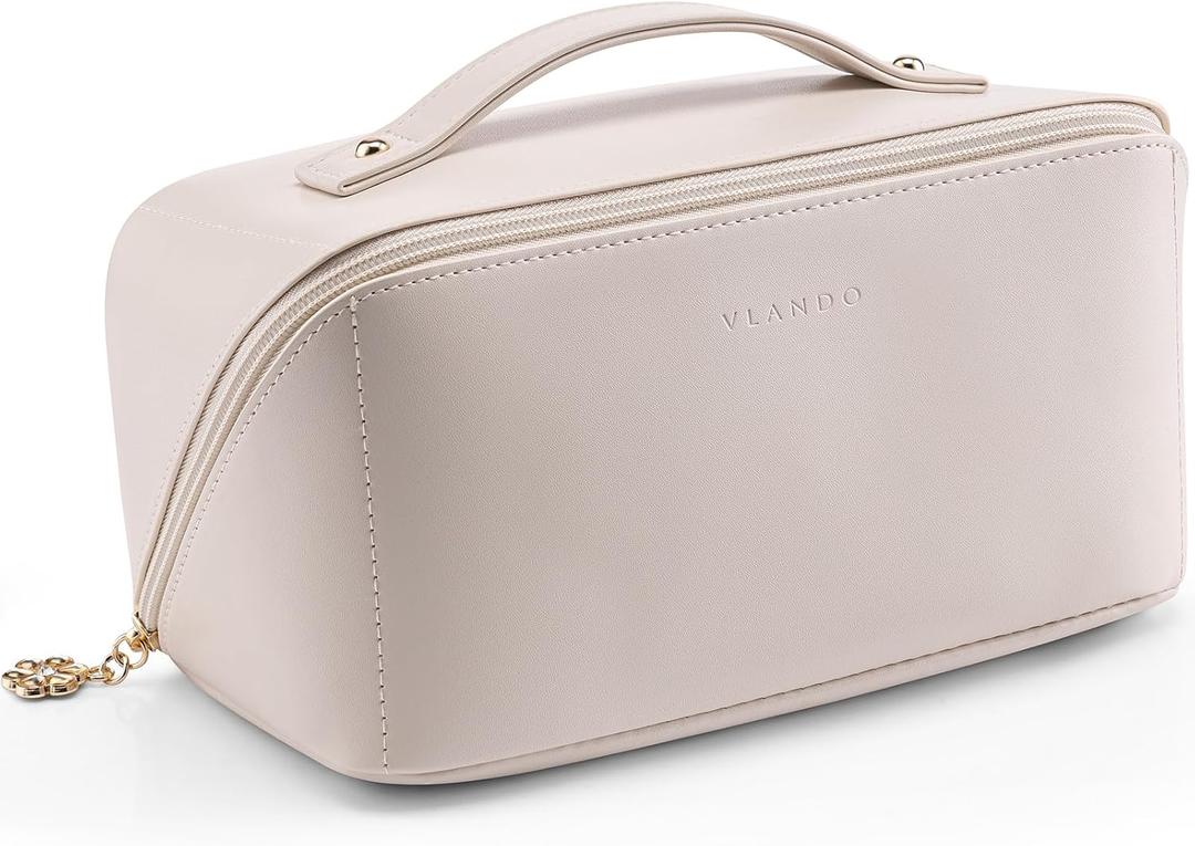 Vlando Travel Makeup Bag,Gifts for Women Large Capacity Toiletry Bag for Women Wide Open Cosmetic Organizer with Divider and Handle (White)