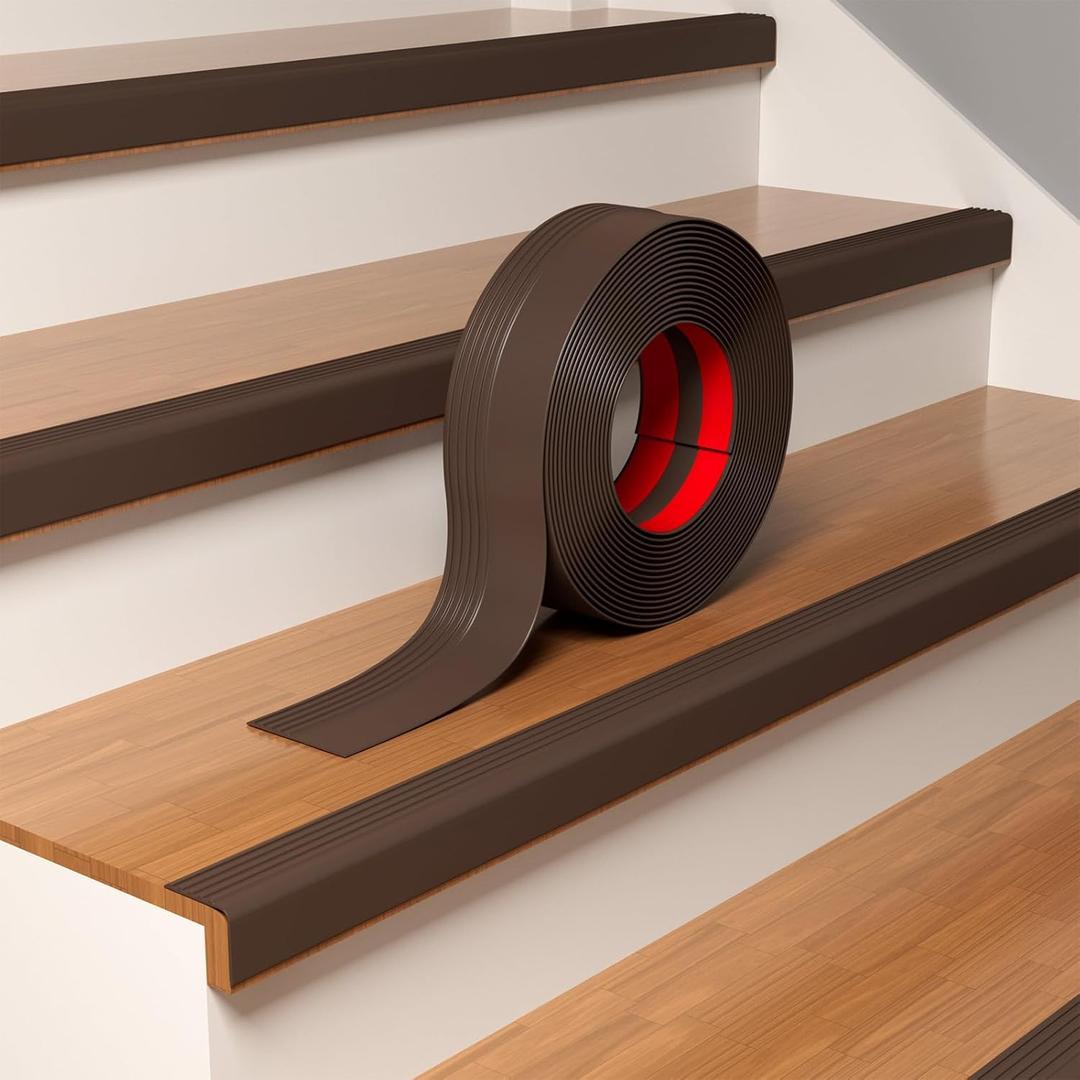 Pluden Heavy-Duty Stair Edge Trim, 20FT Vinyl Rubber Stair Nosing, Non-Slip Self Adhesive Stair Edge Protector Suitable for Indoor/Outdoor Stairs, Non-Slip and Waterproof (Brown)