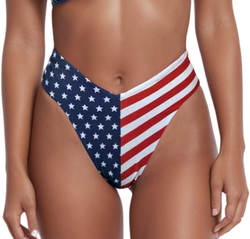 geluboao Women's Bikini Bottom Sexy V Cut High Cut Swimsuit High Waisted Bathing Suit Bottoms (Large, American Flag)