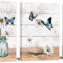 OuElegent 3 Piece Rustic Canvas Wall Art Daisy in Jar with Blue Butterfly Painting Pictures Motivational Inspiring Prints Artwork for Office Living Room Bedroom Bathroom Decor Framed Ready to Hang