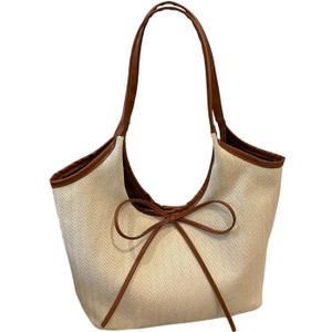 SweatyRocks Women's Bow Tote Bag Top Handle Large Capacity Shopping Shoulder Handbags (Beige)