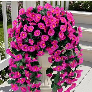 Ouddy Decor 3 Pcs Artificial Hanging Flowers for Outdoors, Fake Silk Hanging Plants Faux Morning Glory UV Resistant for Outdoor Indoor Garden Planter Porch Patio Yard Balcony Home Decor, Fuchsia