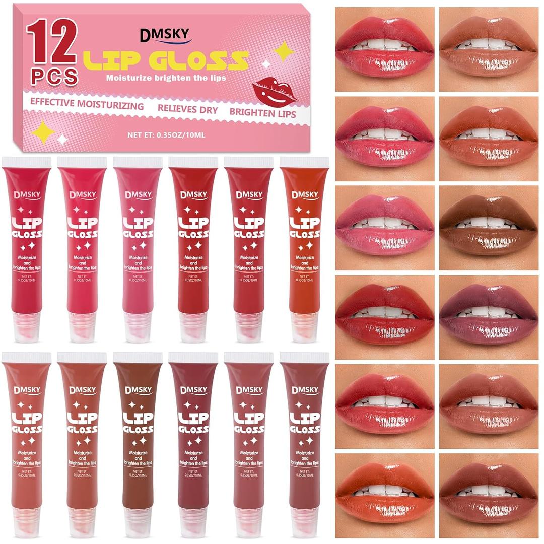 Dmsky 12 Pack Lip Gloss Set, 12 Colors Lip Oil for Dry Cracked Lips, Moisturizing Lip Balm Infused with Vitamin E for a Sheer Tint Of Color