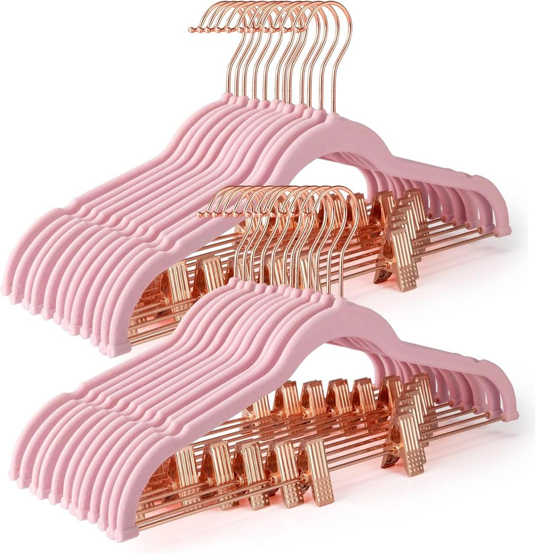 HOUSE DAY Velvet Skirt Hangers 24 Pack, Non Slip Pants Hangers with Rose Gold Clips, Ultra Thin Velvet Hanger Space Saving, Heavy-Duty Clothes Hanger for Trouser, Jeans, Dresses, Coats (Pink)