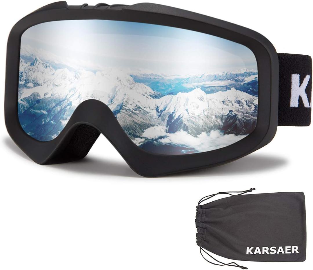 Karsaer Ski Goggles Anti-Fog Snow Goggles OTG 100% UV Protection Snowboard Goggles Bendable Dual-Lenses for Men Women Youth (Matte Black Frame Silver Mirrored Lens Vlt 25%)