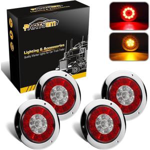 Partsam 4" Inch Round Led Trailer Taillights Stop Brake Lights Running Red and Amber Parking and Turn Signal Lights, Sealed Double Color Round Led Lights w/Stainless Steel Rings Flange Mount (4Pack)