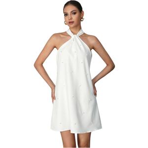 Floerns Women's Pearl Beaded Halter Twist Sleeveless Tie Back Dress A Line Dress (White)
