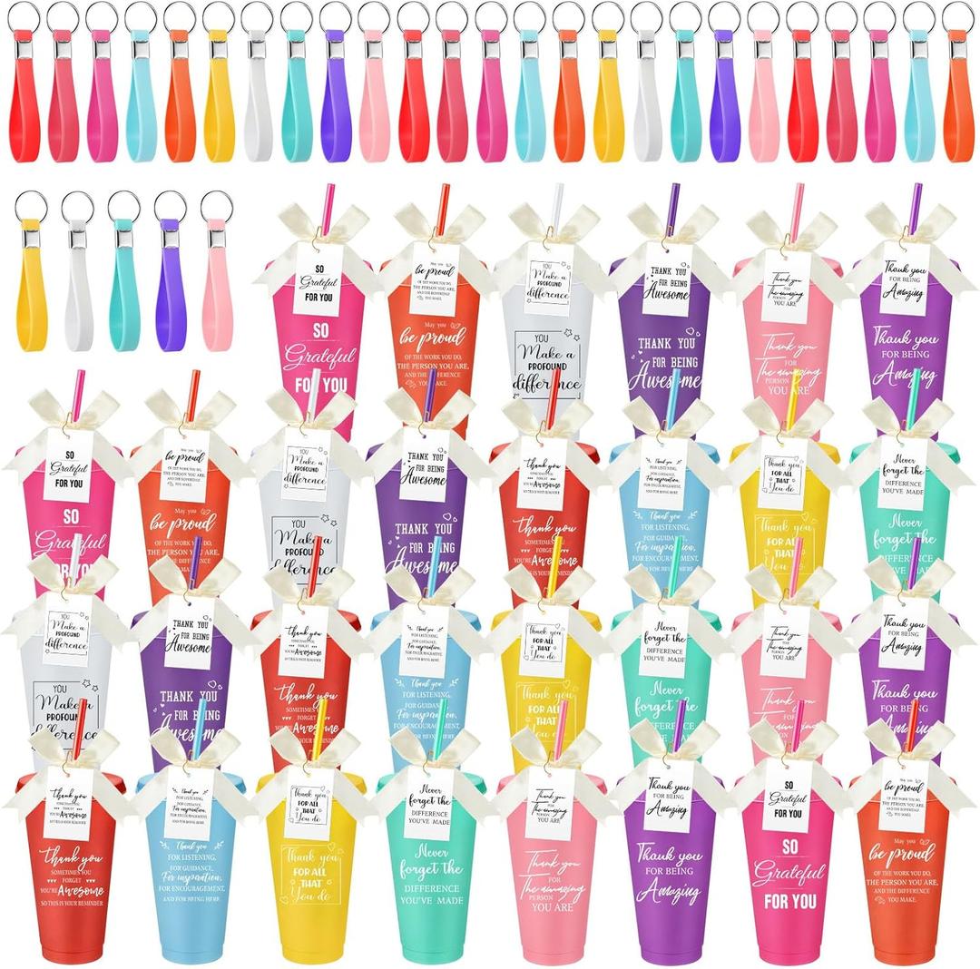 Tioncy 30 Sets Employee Appreciation Gifts Bulk 24 oz Plastic Tumbler with Lid and Straw Reusable Coffee Cups with Keychain Bowknot Card Christmas Gifts for Coworker Staff Worker Favors(Motivational)