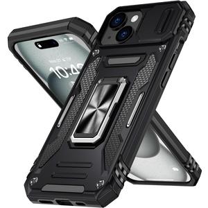 for iPhone 15 Plus Case with Stand,Slide Camera Cover,Military-Grade Matte Back Slim Fit Shockproof Protective Cover Compatible with iPhone 15 Plus,Working with Magnetic Car Mounts, Black 5.41