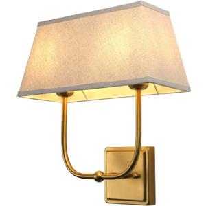 JIMUBEAM Vintage 2-Lights Wall Sconces with Linen Fabric Lampshade, Double Head Bathroom Vanity Lights Fixture in Antique Brass, Indoor Wall Lamps for Bedroom Living Room Hallway Stairway