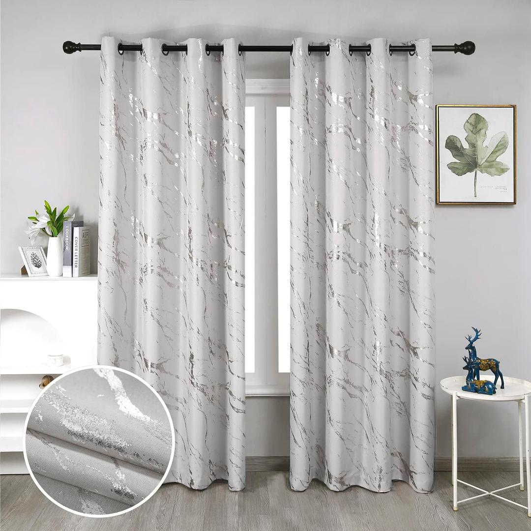 Taisier Home Silver Foil Print Linen Textured Curtains - Geometric Marble Pattern Design for Living Room - Light Filtering Window Treatment, 2 Panels, 95" L, Beige and Silver