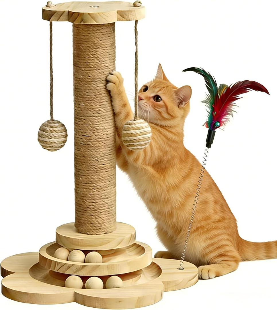 Wooden Cat Scratching Post, 4 in 1 Cat Scratcher Kitten Toys for Indoor Cats, 17.7" Tall Sisal Post with Two-Laye Wooden Ball Track, Ideal for Small Medium Cat