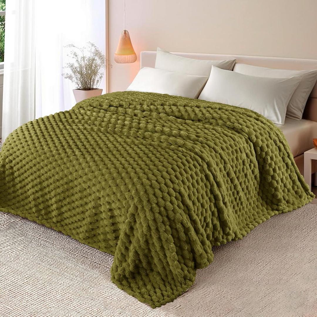 Whale Flotilla King Size Blanket for Bed with Jacquard Pattern, Fuzzy Soft Cozy Exquisite Blankets for All Season, Warm and Fluffy, 90x104 Inch, Olive