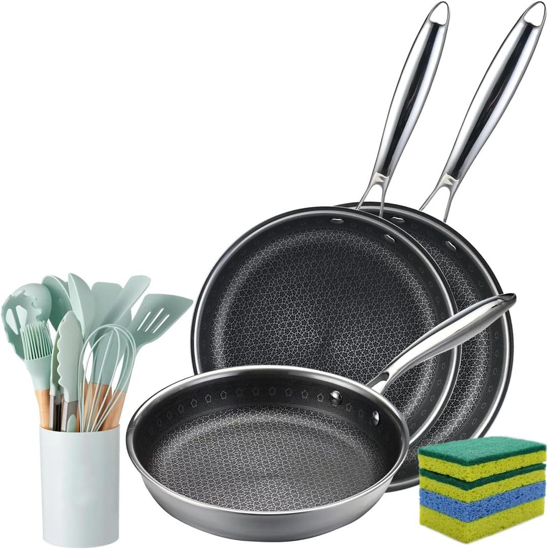 Vivicreate Tri-Ply Stainless Steel Frying Pan Set, 19 Piece Nonstick Skillet Cookware Set with 3 Fry Pans 9.5 10.25 11 Inch, Induction Compatible, Kitchen Utensils Included