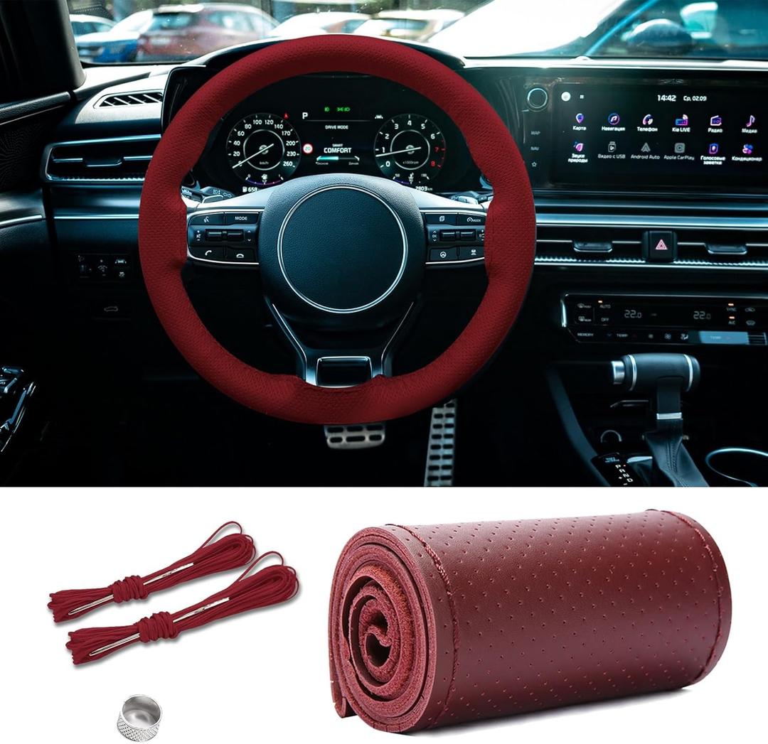 Leather Steering Wheel Cover, Stitch on Wrap, Breathable Anti-Slip Car Steering Wheel Protector, DIY Sewing with Needle Thread,15 Inch (Wine Red, Hole)