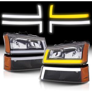 Headlights Assembly w/LED DRL compatible with 2003-2006 Chevy Silverado / 03-06 Avalanche (No Cladding only)with Sequential Tun Signal, Black Housing Amber Side