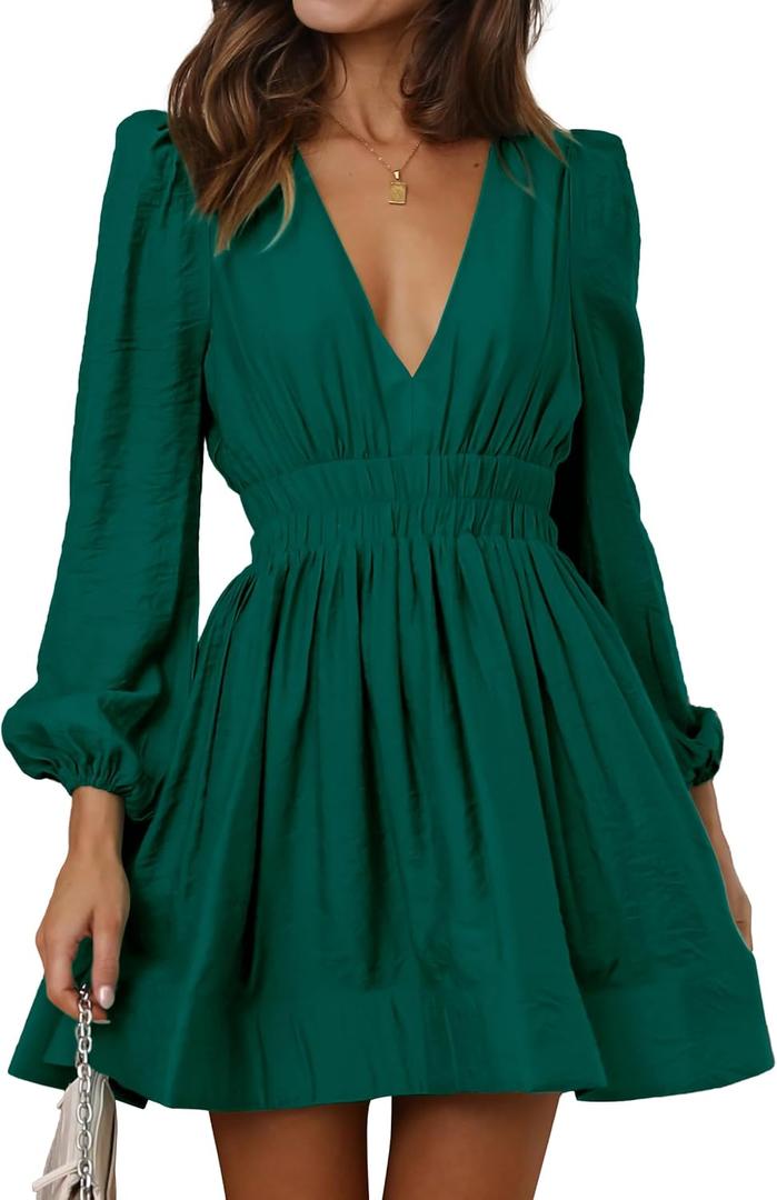 FAIABLE Mini Dress Deep V Sexy Dress Long Sleeve Dress for Women A-line High Waisted Casual Flowy Dress (Medium, Green)