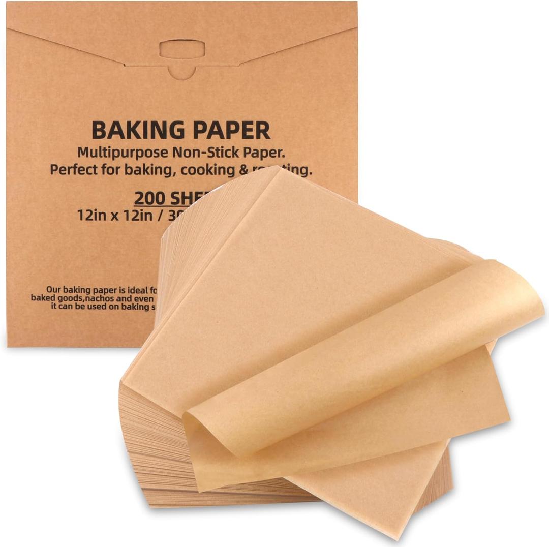 200 Pcs Parchment Paper Baking Sheets, 12"x12" Precut Non-Stick Baking Parchment Paper Sheets Bun Sheet Pan Liners.Baking Grilling Air Fryer Steaming Bread Cup Cake Cookie (Brown-12"x12")