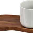 JiabaoPC Ceramic Coffee Mug and Wooden Serving Tray Set, White Ribbed Cup with Handle 14.2oz, Modern Design with Wood Platter
