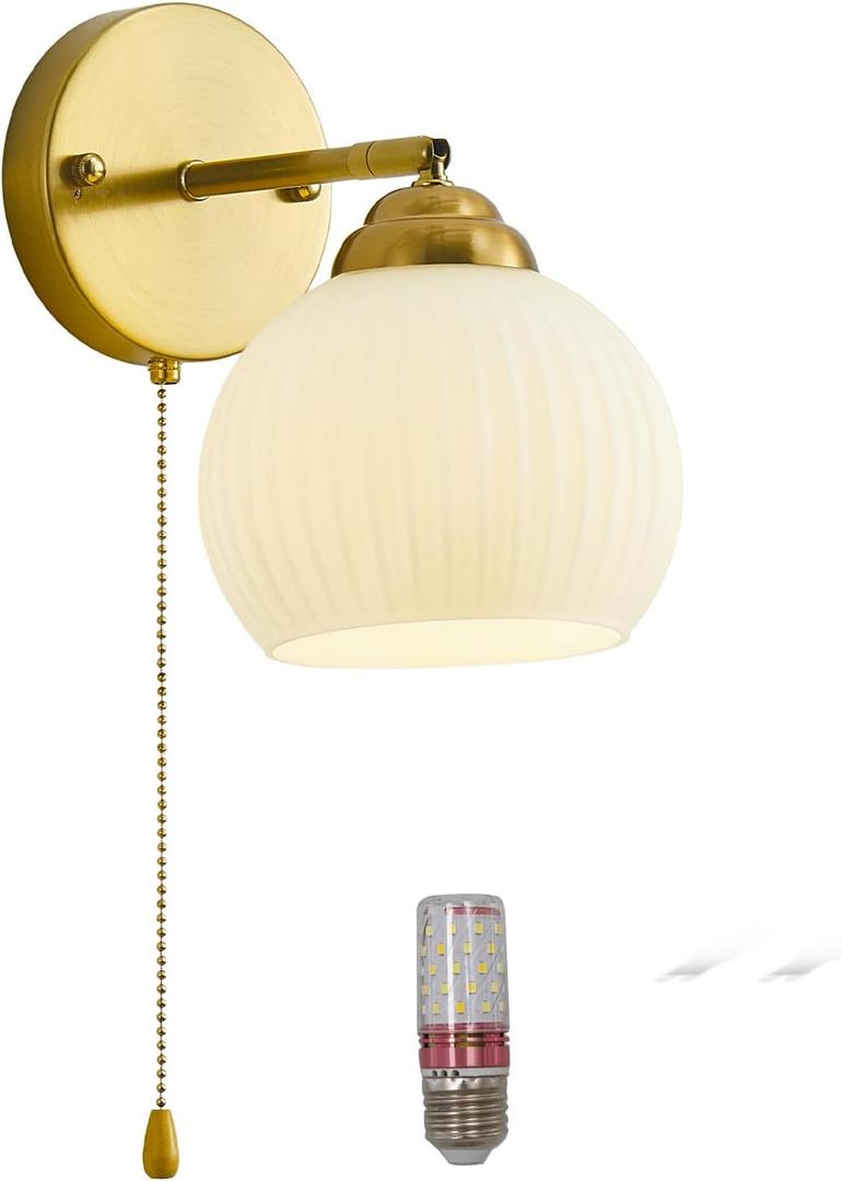 Gold Wall Sconce, mid Century Modern Sconce with Hand Pull Switch Indoor Wall Sconce for Bedroom Bedside Bathroom Kitchen Vanity Hallway Wall Mounted Light Fixture (Pack of 1)