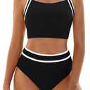 BMJL Women's High Waisted Bikini Sets Two Piece Swimsuits Sporty Tummy Control Bathing Suit Color Block Swim Suit (Black, M)