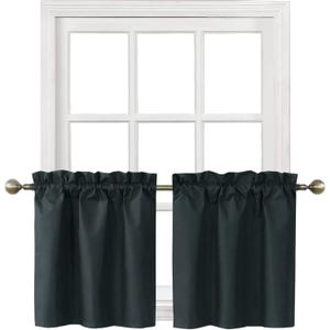 Home Queen Blackout Rod Pocket Tier Curtains for Small Window, Short Room Darkening Basement Curtains, Cafe Drapes, 2 Panels, 26 W x 24 L Inch Each, Black