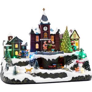 Valery Madelyn Christmas Village Decorations, Battery Operated Musical House, LED Lights Dynamic Trains Winter Scenes Figurine Retro Choir Town Gift for Christmas Decoration, 10.8 Inch